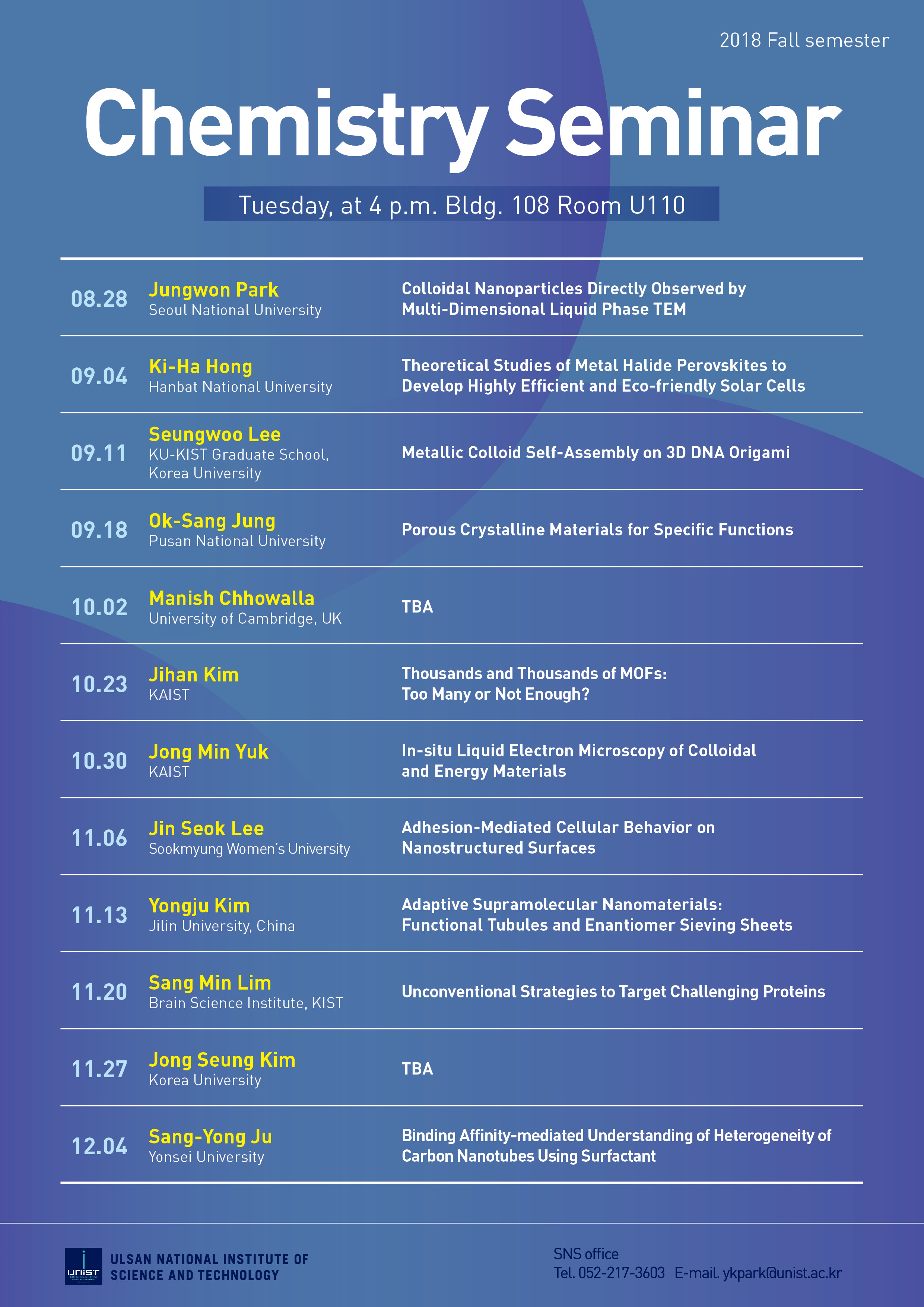 2018 fall semester, Department of Chemistry Colloquium